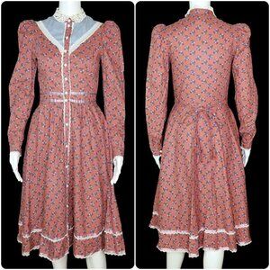 Vintage Gunne Sax Prairie Dress Cottagecore Midi Festival Calico Lace Women's 7